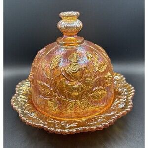Imperial Glass Vintage Lustre Rose Marigold Butter Cheese Dish /lid 7.5”